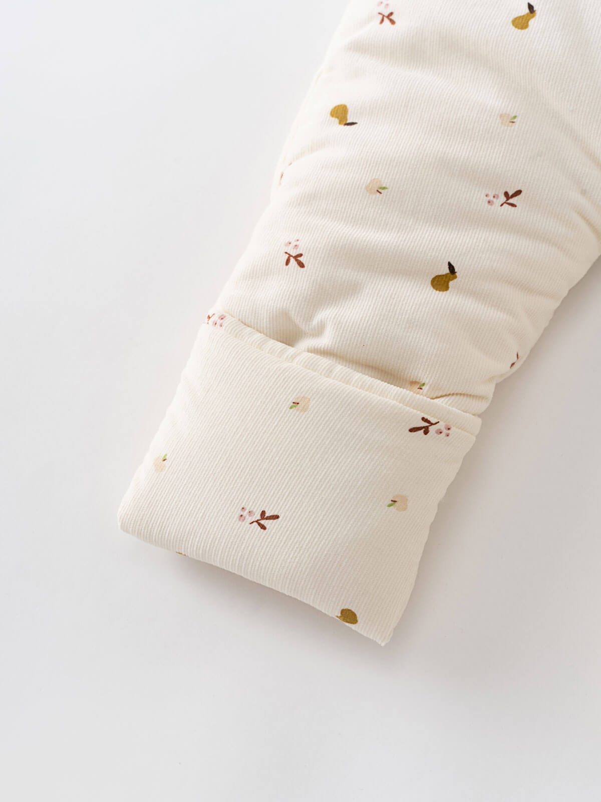 Cream hooded baby pram suit with fruit pattern on a light gray  Printed Pram Suit - Autumn Harvest Ecru Baby girl