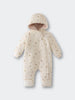 Cream hooded baby pram suit with fruit pattern on a light gray  Printed Pram Suit - Autumn Harvest Ecru Baby girl