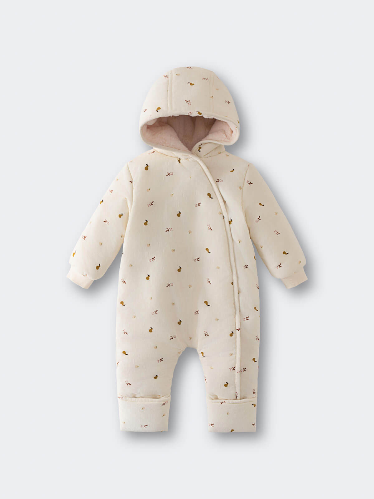 Cream hooded baby pram suit with fruit pattern on a light gray  Printed Pram Suit - Autumn Harvest Ecru Baby girl