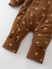 Brown hooded baby pram suit with cream bears on a light gray  Printed Pram Suit - Cosy Bear Russet Baby girl