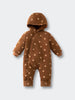 Brown baby pram suit with cream bears on a light gray background Printed Pram Suit - Cosy Bear Russet Baby girl