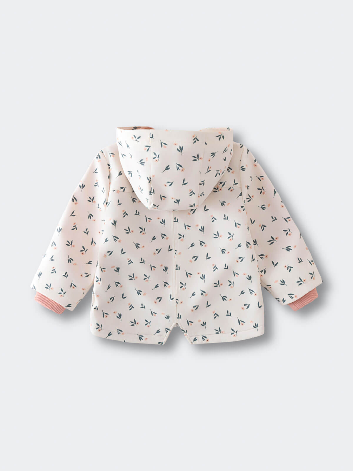 Light pink hooded raincoat with small floral print pattern laid flat Printed Raincoat - Wild Flowers Ecru Girls