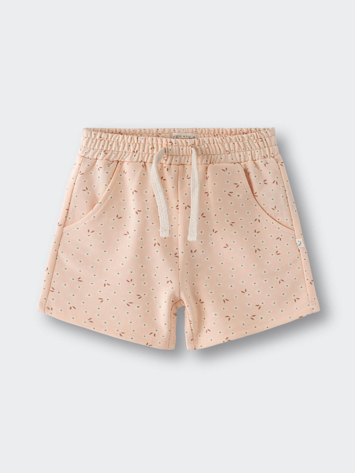 Peach-colored shorts with small floral print and white drawstring waistband Printed Shorts - Flower Power Girls