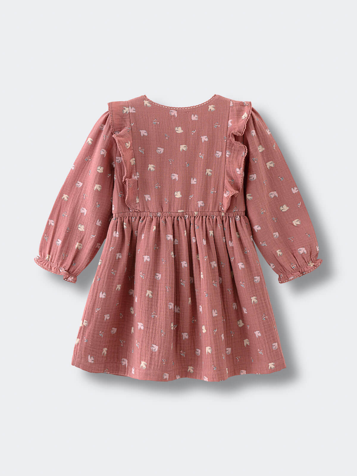 Pink dress with puff sleeves on a light gray background Printed Woven Dress - Bird And Blossom Rosehip Girls