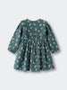 Green dress with bunny print on a light gray background Printed Woven Dress - Forest Gathering Balsam Girls