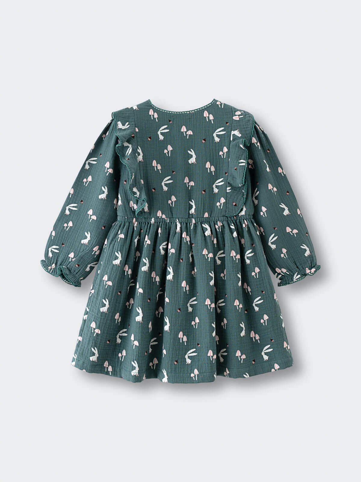 Green dress with bunny print on a light gray background Printed Woven Dress - Forest Gathering Balsam Girls