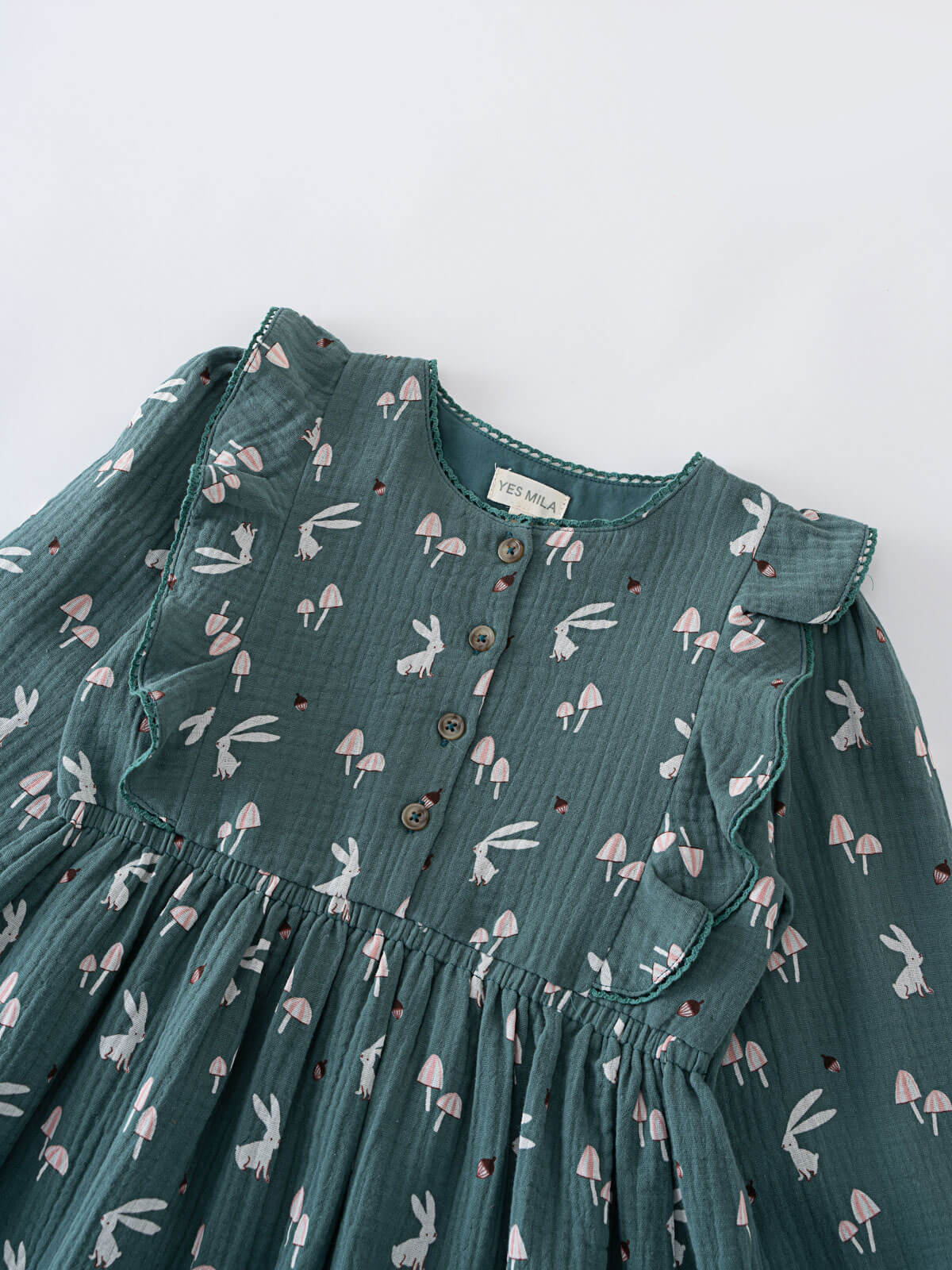 Green dress with bunny print on a white background Printed Woven Dress - Forest Gathering Balsam Girls