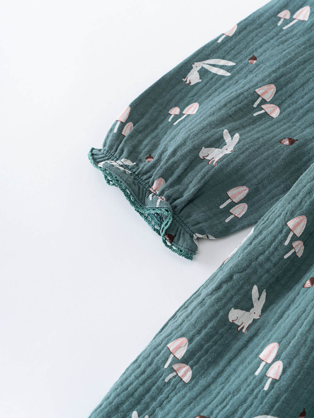 Green dress fabric with rabbit and mushroom pattern on a white background Printed Woven Dress - Forest Gathering Balsam Girls