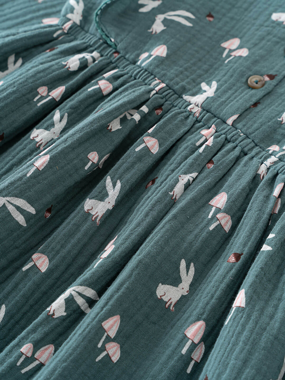 Textured dress fabric with a pattern of rabbits and mushrooms on a teal background Printed Woven Dress - Forest Gathering Balsam Girls