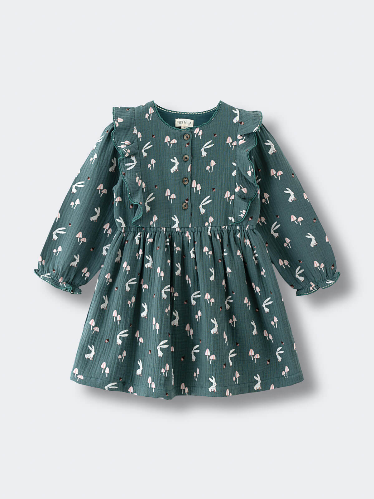 Green dress with animal pattern on a light gray background Printed Woven Dress - Forest Gathering Balsam Girls