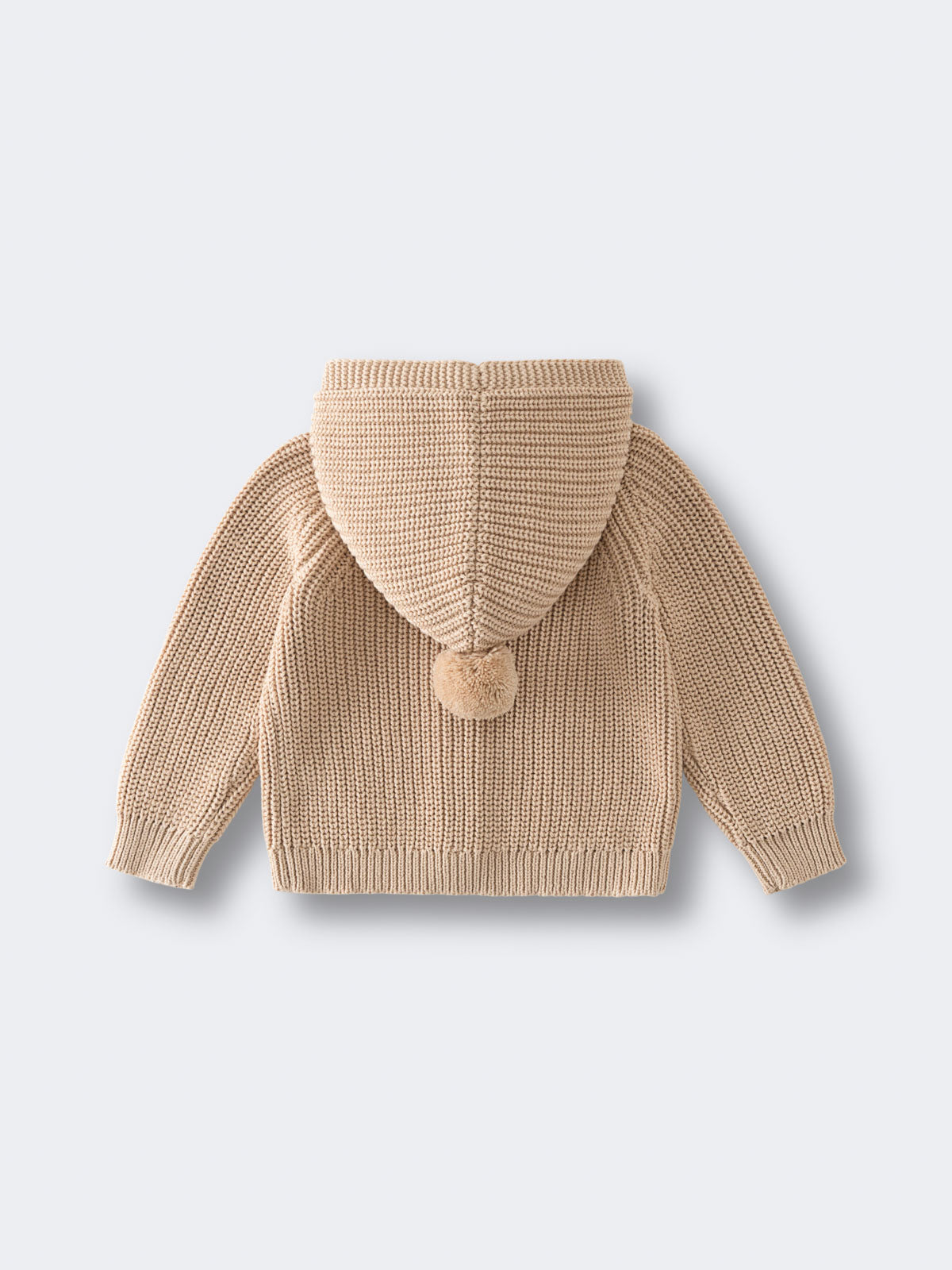 Beige knitted hooded cardigan with pom-pom detail laid flat Ribbed Hooded Cardigan - Clay Baby boy
