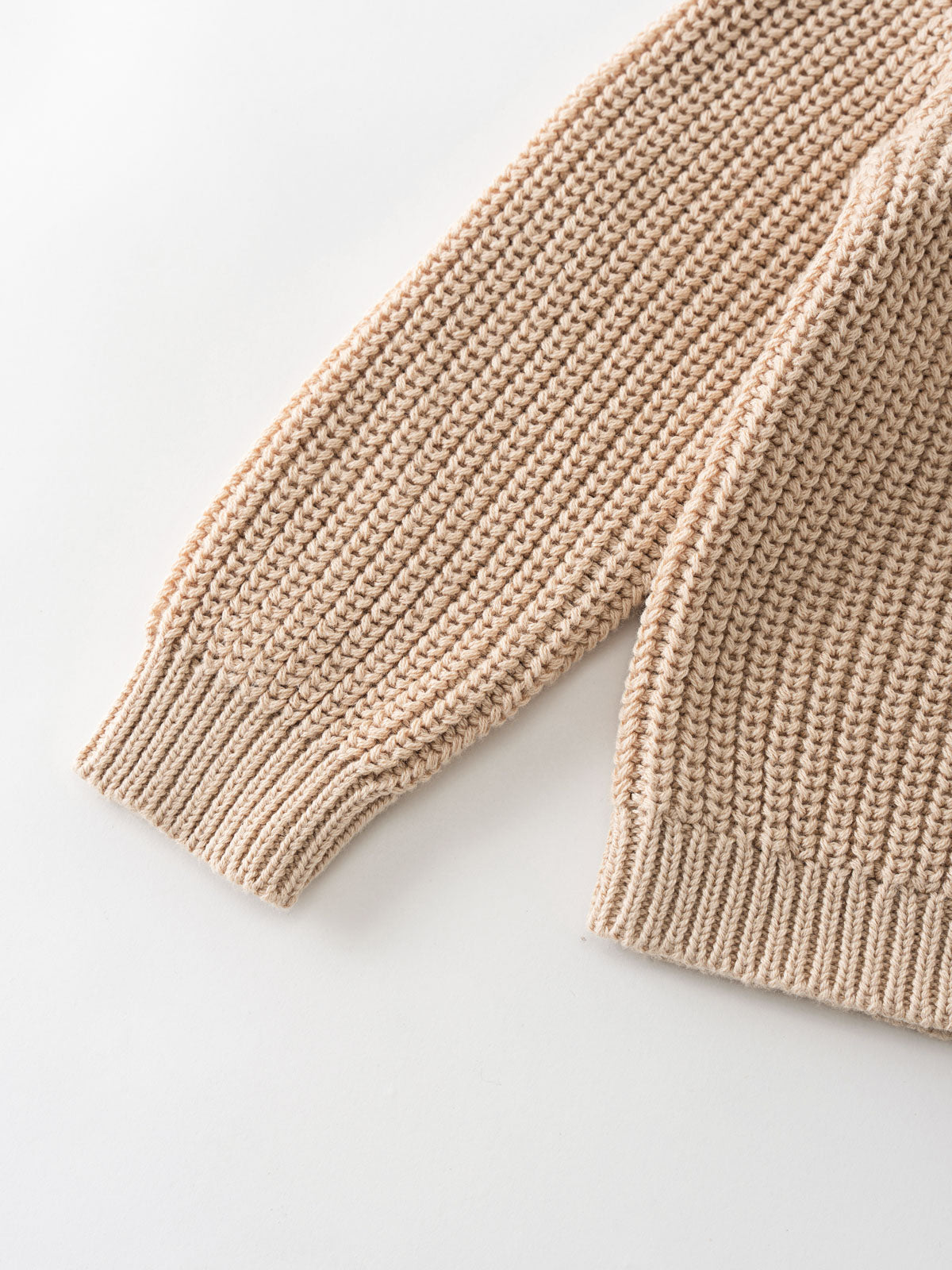Close-up of beige ribbed knit cardigan sleeve and cuff detail Ribbed Hooded Cardigan - Clay Baby boy