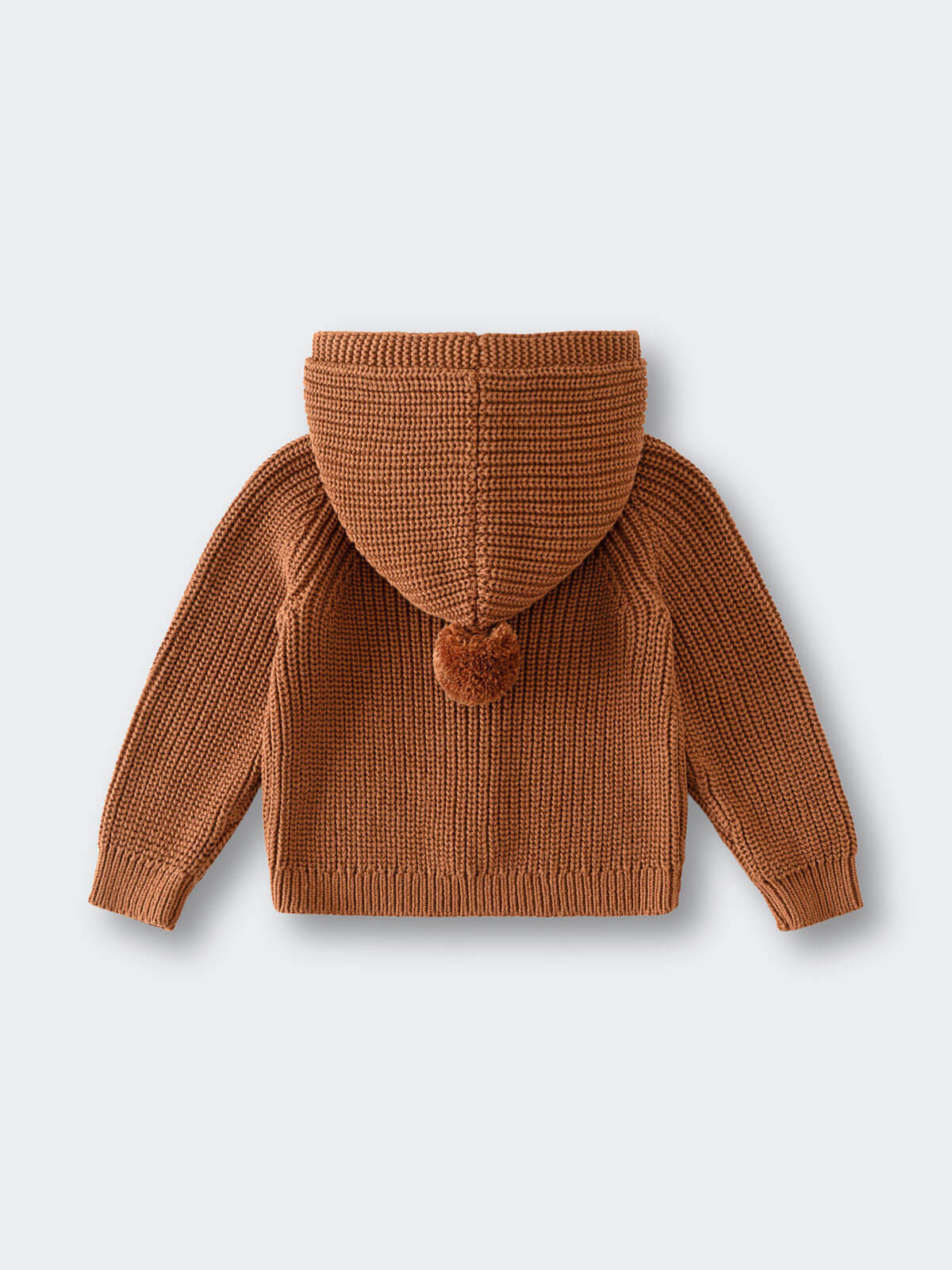 Brown knitted hoodie with a pom-pom on a light gray background Ribbed Hooded Cardigan - Russet Baby boy