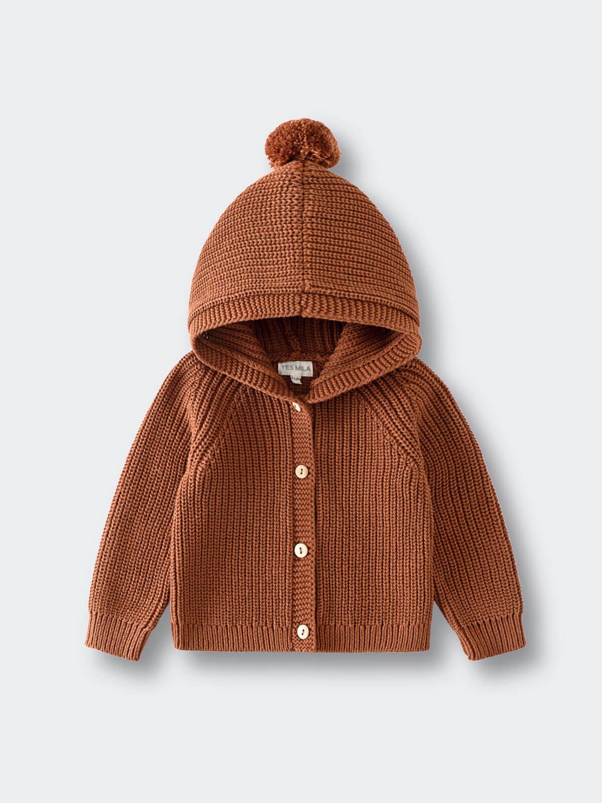 Brown knitted children's hoodie with a pom-pom on a light gray background Ribbed Hooded Cardigan - Russet Baby boy