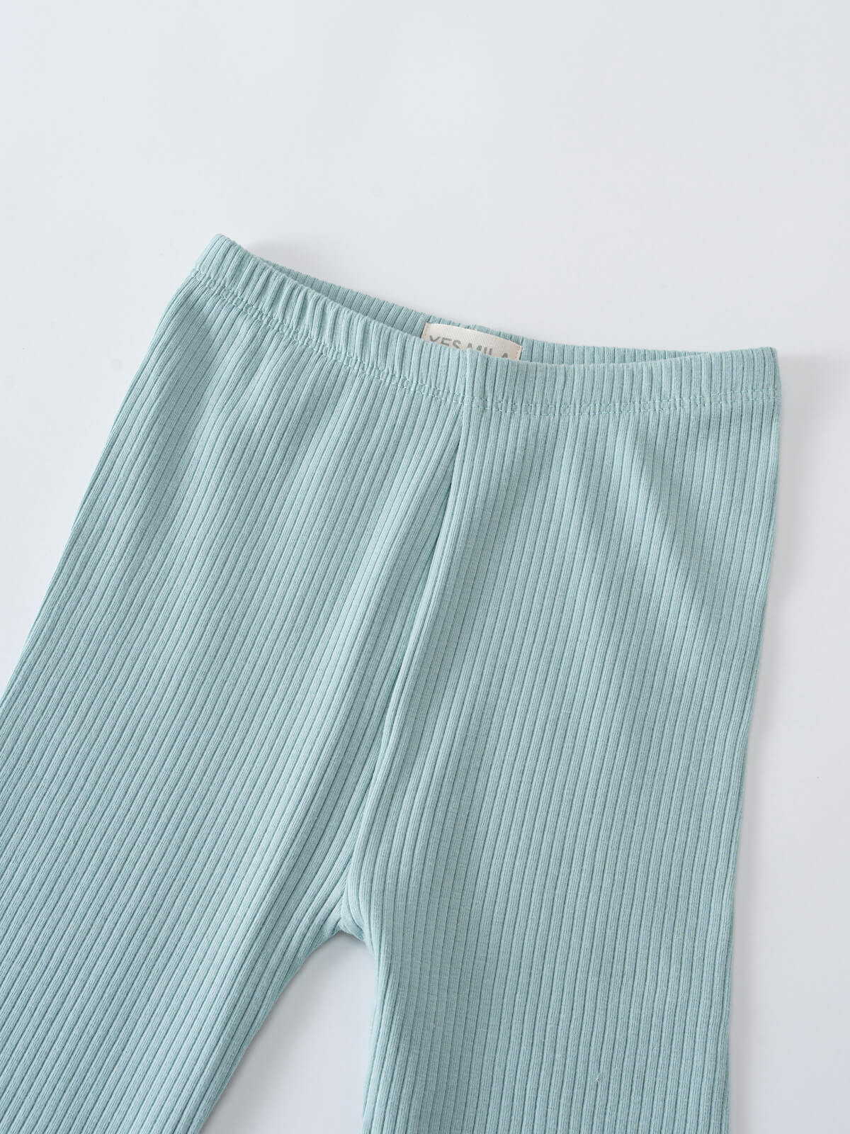 Close-up of light blue ribbed leggings showing waistband and texture detail ribbed Leggings - Aloe Girls