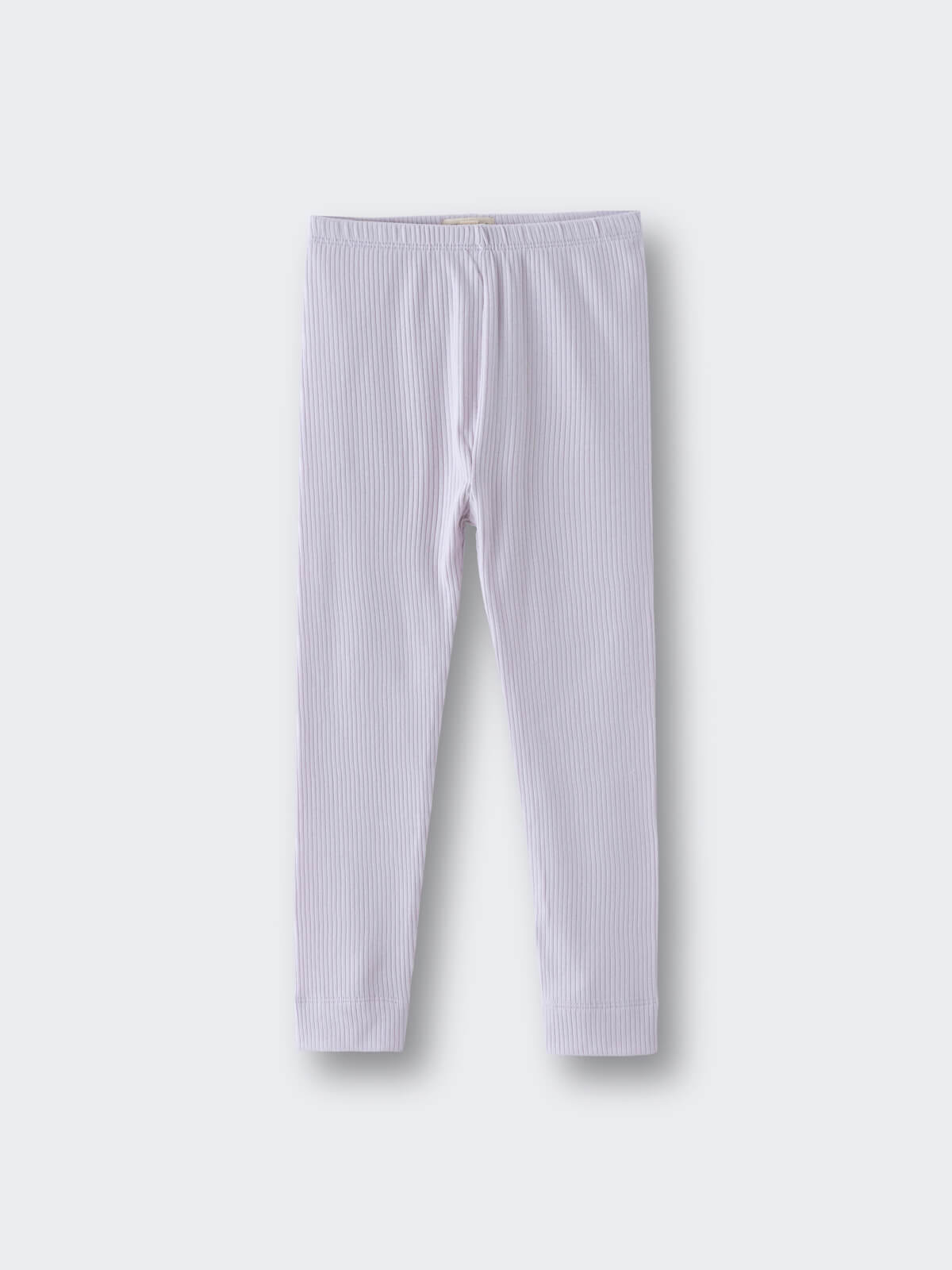 Ribbed leggings in light purple and white stripes laid flat Ribbed Leggings - Lilac Girls