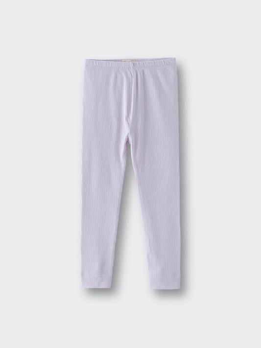 Ribbed leggings in light purple and white stripes laid flat Ribbed Leggings - Lilac Girls
