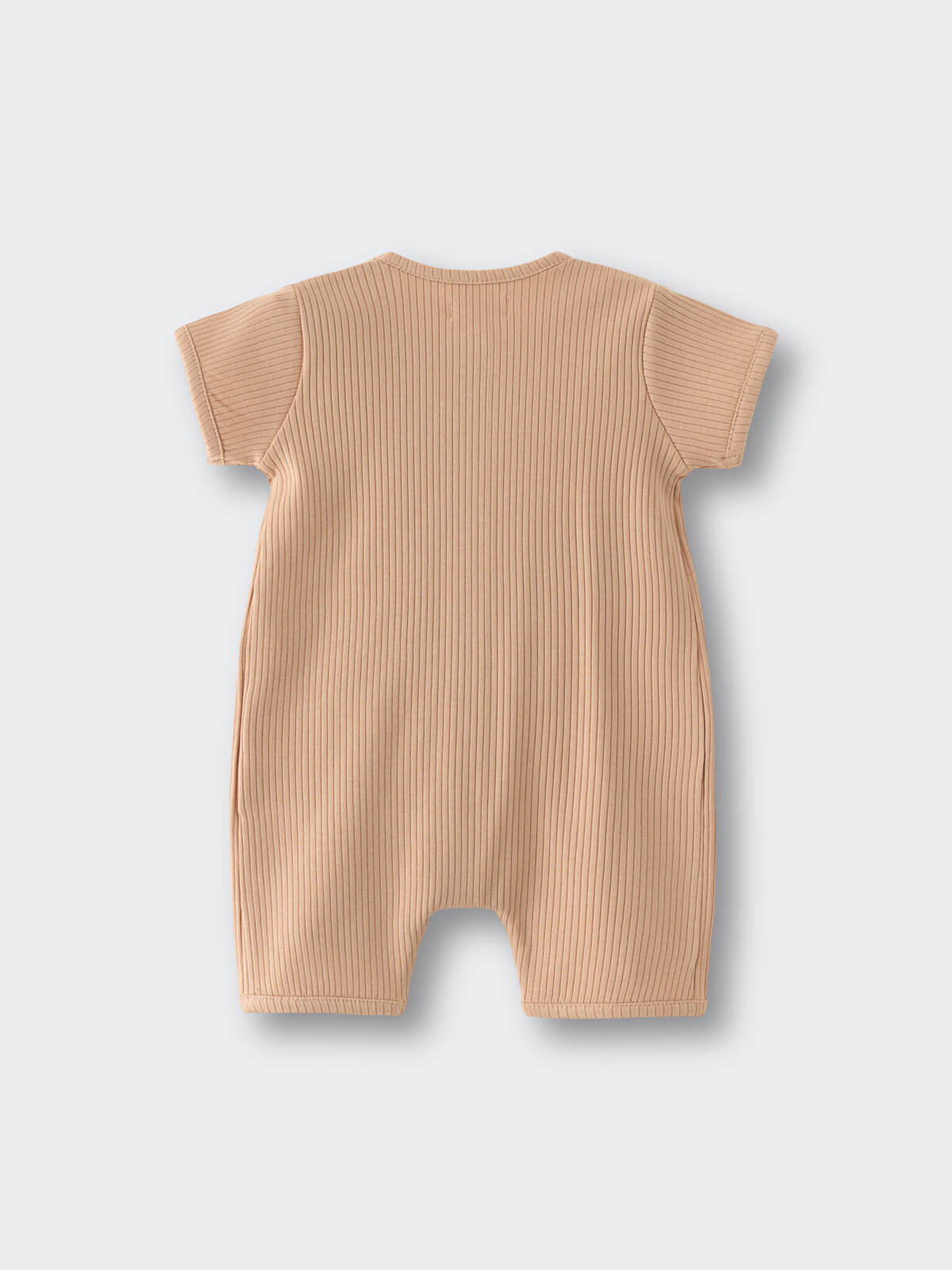 Beige ribbed short sleeve romper laid flat on white surface Ribbed Short Sleeve One Piece - Sand Baby boy
