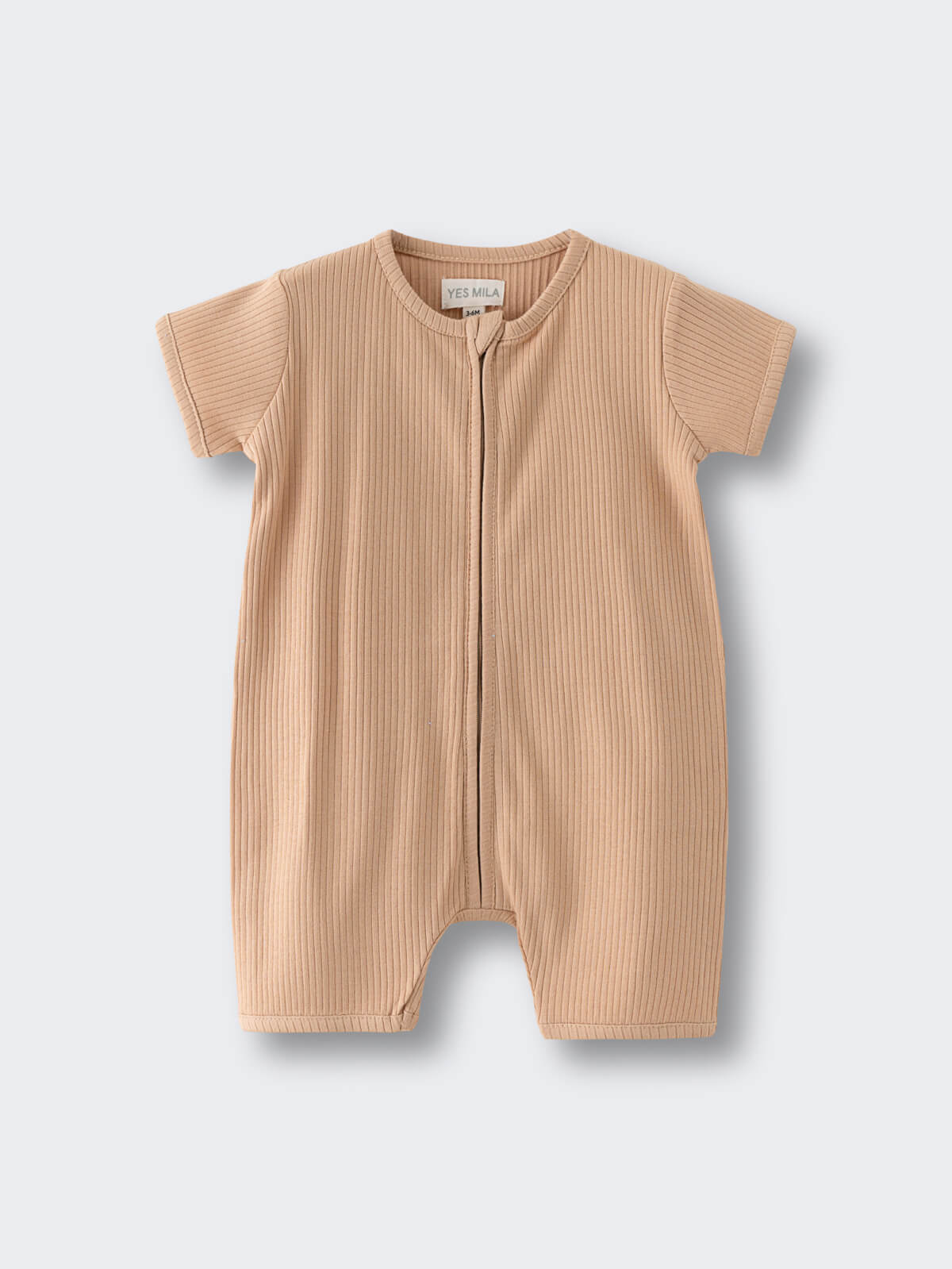 Beige ribbed baby romper with front zipper and short sleeves Ribbed Short Sleeve One Piece - Sand Baby boy