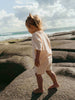 Child walking on rocks by the ocean with a cloudy sky.