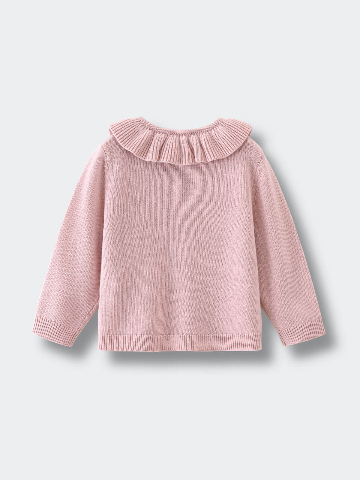 Pink knit sweater with pleated ruffle collar on flat surface Ruffle Cardigan - Blush Girls