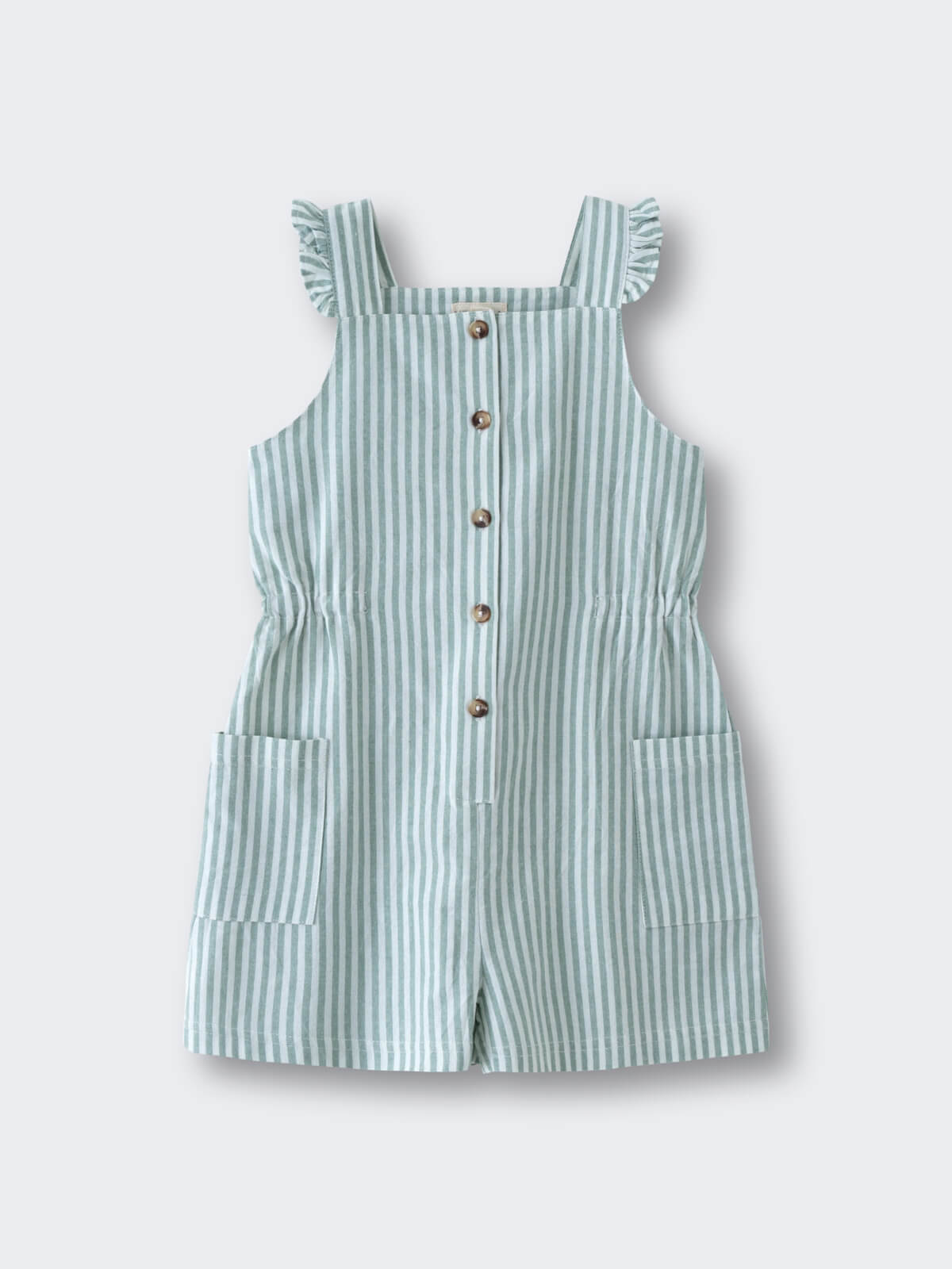 Green and white striped playsuit with button front and ruffled straps ruffle Playsuit - Mint Stripe Girls