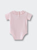 Back view of a pale pink short sleeve bodysuit with ruffled collar Ruffle Short Sleeve Bodysuit - Candy Floss Baby girl