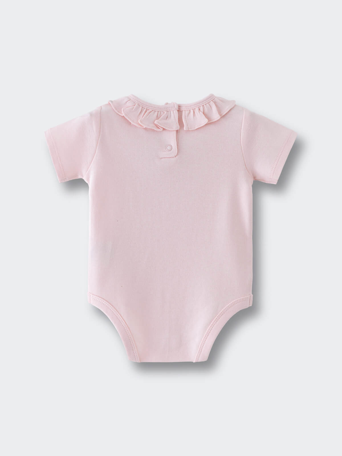 Back view of a pale pink short sleeve bodysuit with ruffled collar Ruffle Short Sleeve Bodysuit - Candy Floss Baby girl