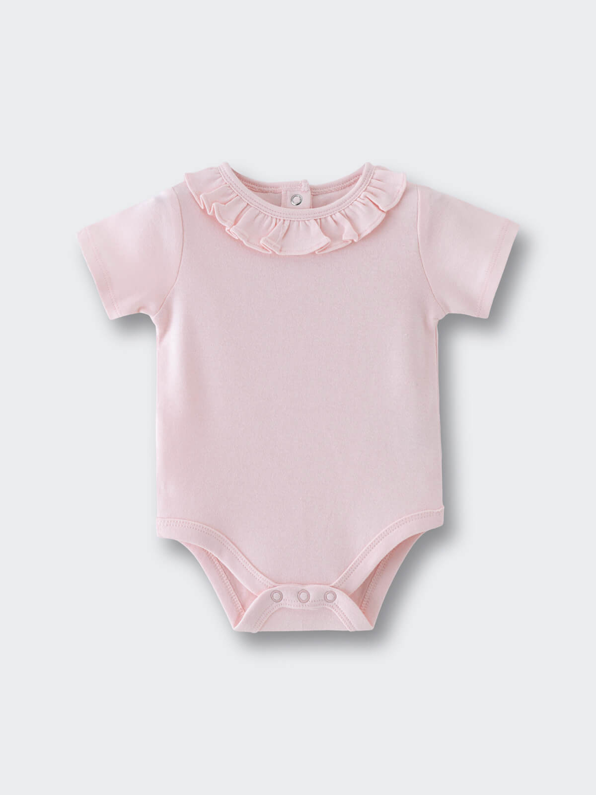 Light pink baby bodysuit with ruffled collar and snap closures Ruffle Short Sleeve Bodysuit - Candy Floss Baby girl