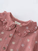 Pink children's blouse with ruffled collar and animal pattern on a white background Ruffle Woven Blouse - Bird And Blossom Rosehip Girls