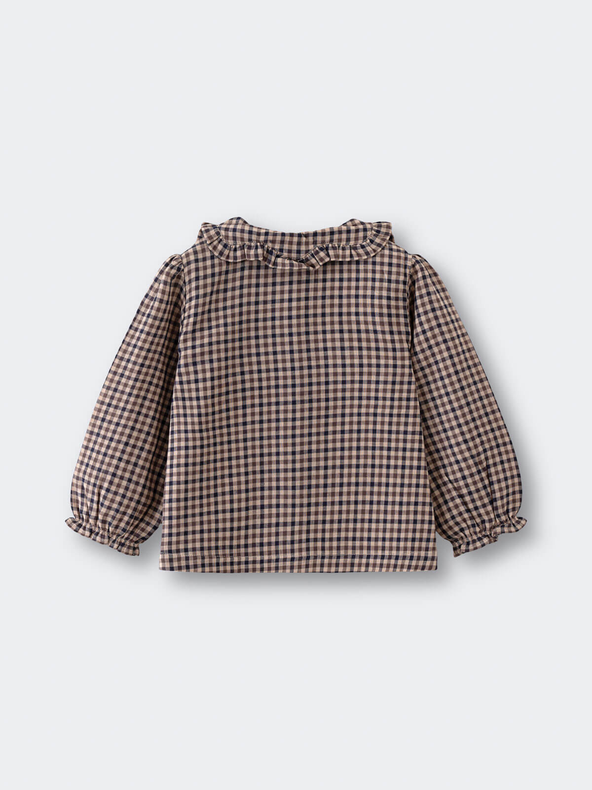 Checkered blouse on a light gray background Ruffle Woven Blouse - Muslin Cotton Check Girls