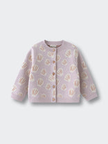 Light purple knitted cardigan with shell pattern and button closure on white background Shelly Cardigan - Candy Floss Shells Baby girl