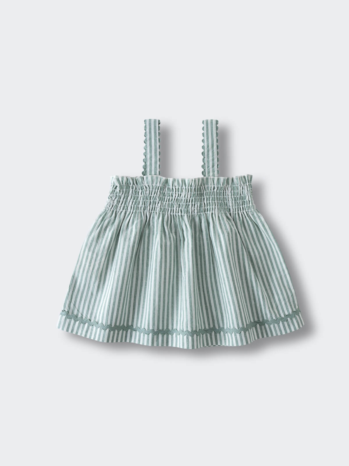 Striped sleeveless top with smocked bodice and ruffled hem on white background Shirred Top - Mint Stripe Girls
