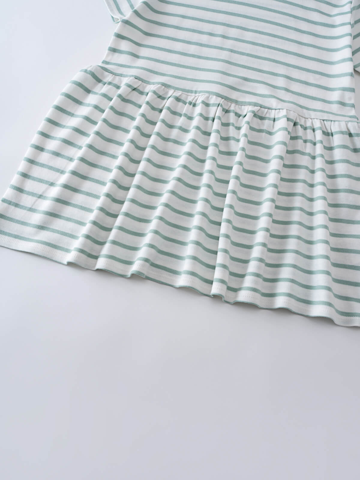 Close-up of a striped dress hem with gathered skirt detail Short Sleeve Dress - Harbour Stripe Girls