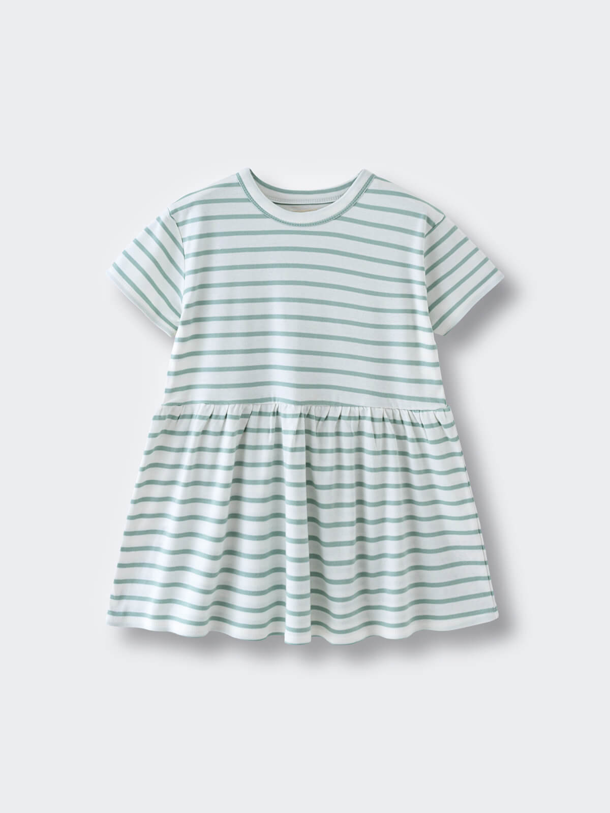 Striped short sleeve dress with gathered skirt in green and white Short Sleeve Dress - Harbour Stripe Girls
