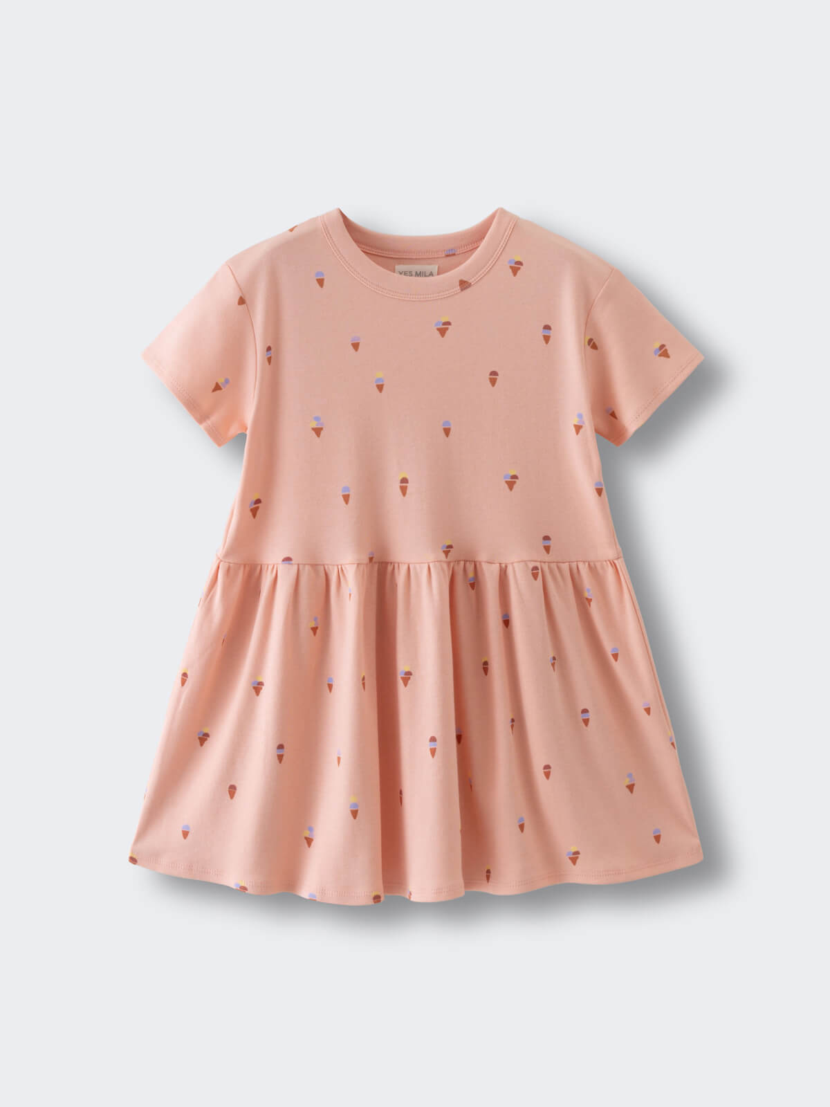 Peach-colored short sleeve dress with small ice cream cone print and gathered skirt Short Sleeve Dress - Ice Creams Girls