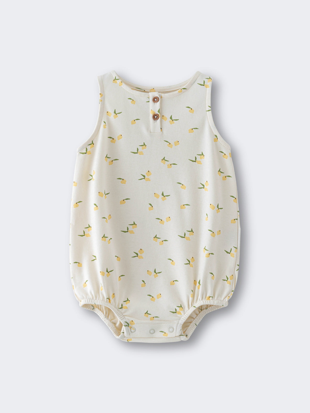 Sleeveless baby romper with yellow lemon print and button closure at back Sleeveless Romper - Lemons Baby girl