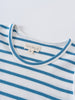 Close-up of a blue and white striped shirt neckline with label Sleeveless Tee - Blue Stripe Boys