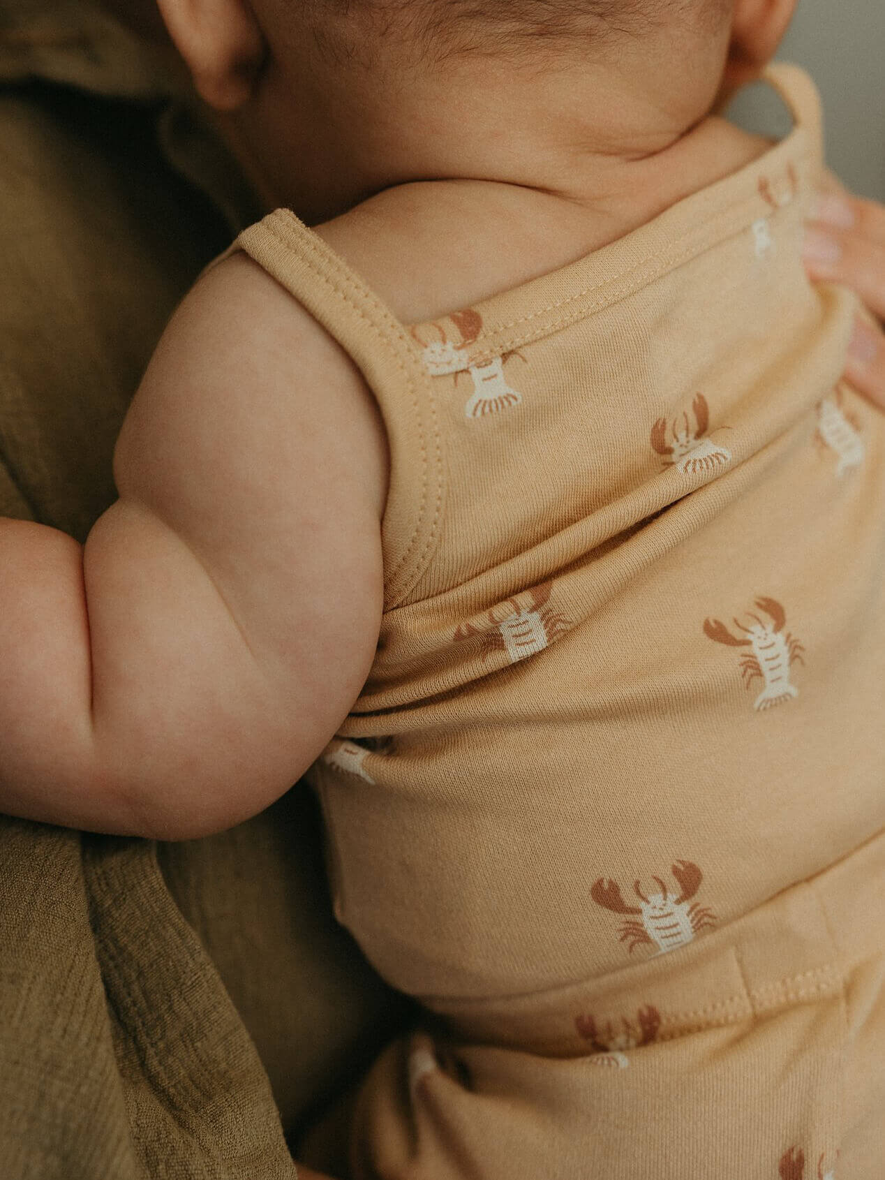 Baby wearing a brown onesie with crab patterns, held by an adult.
