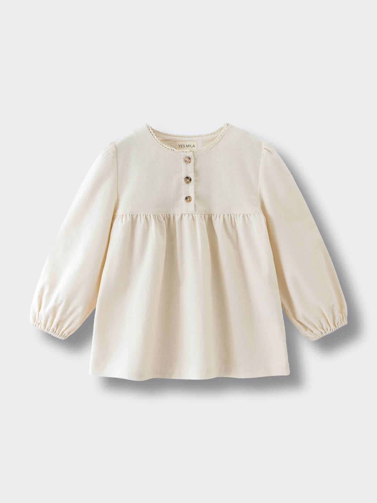 cream-colored blouse with buttons on a light gray background Three Button Blouse - Ecru Girls