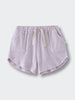 Lavender terry cloth shorts with drawstring and curved hem on white background Towelling Shorts - Lilac Girls