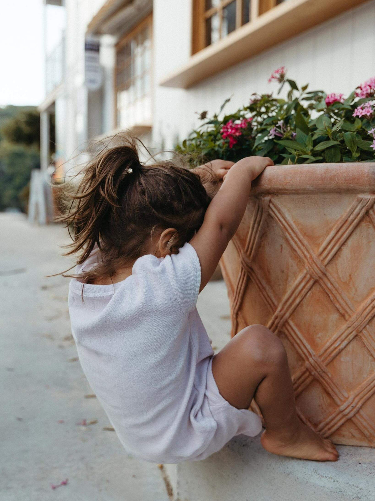 A young child in a white t-shirt and shorts sits on a concrete ledge next to a large terracotta flower pot with pink flowers, leaning on the pot in an outdoor setting.