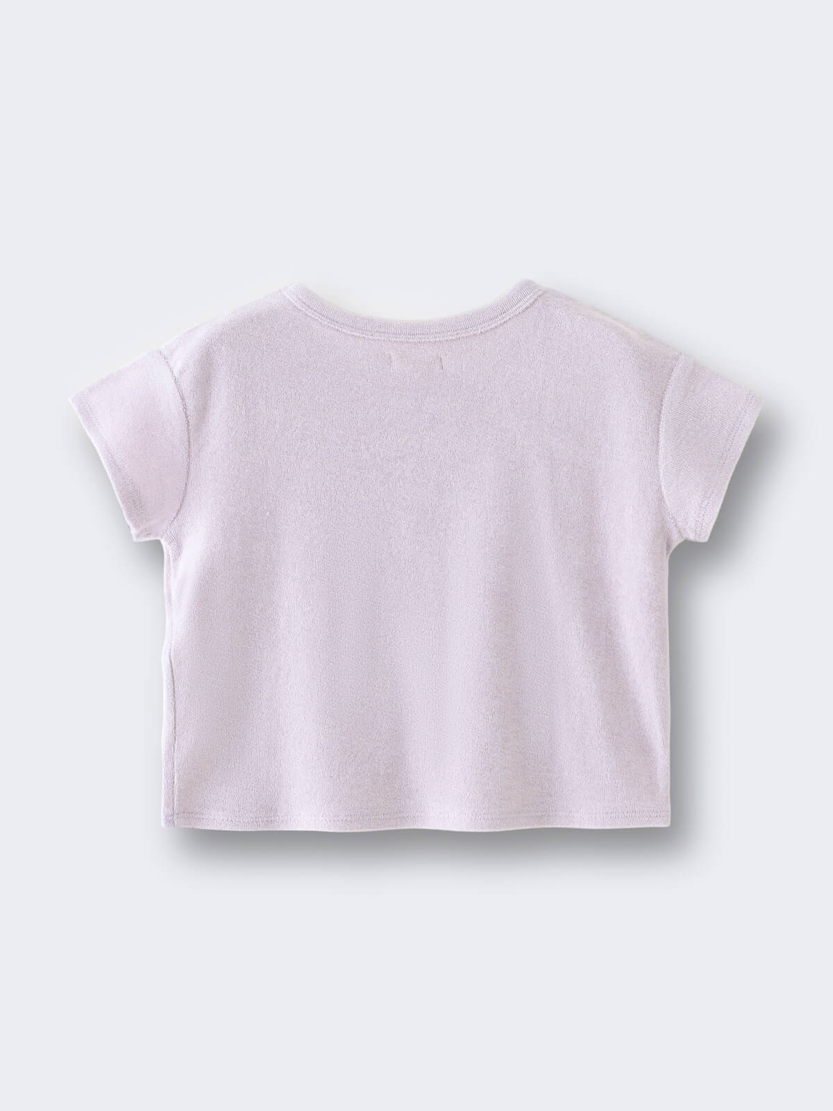 Light purple short-sleeved crop top laid flat on white background Towelling Tee Shirt - Lilac Girls