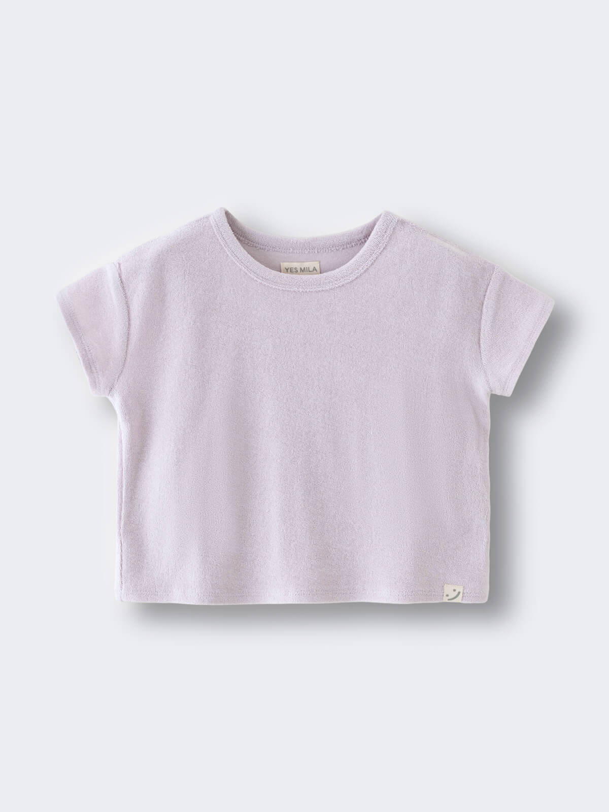 Light purple short-sleeved cropped t-shirt on a plain background Towelling Tee Shirt - Lilac Girls